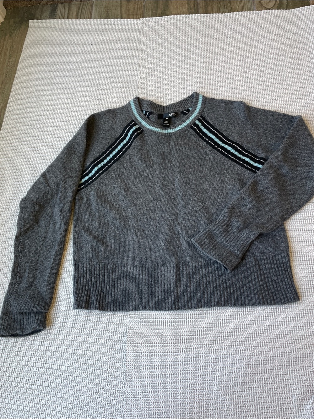 Aqua Gray Crewneck Sweater with Mint and Black Stripe Accents